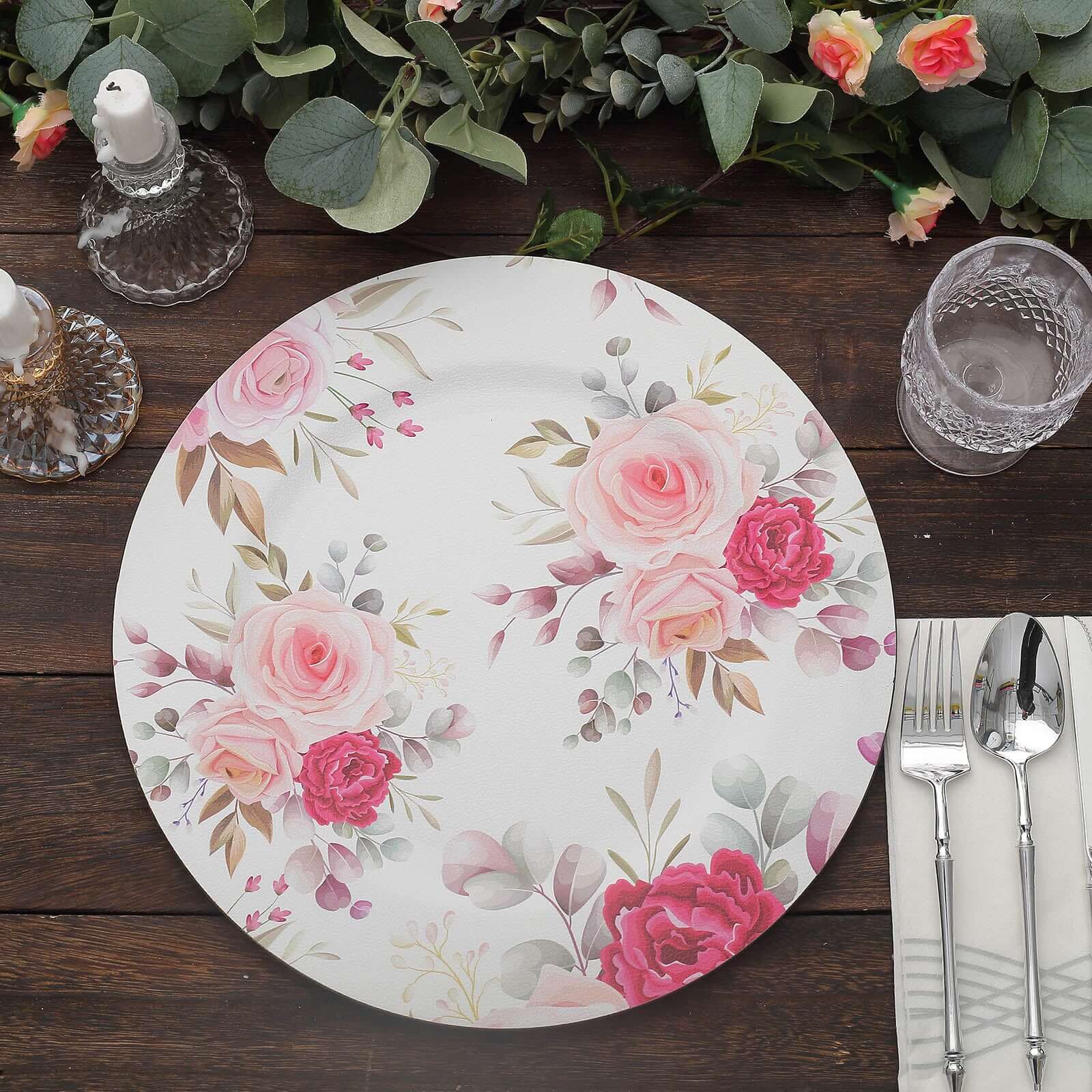 6-Pack Plastic Charger Plates 13" Round White with Assorted Rose Floral Print - Decorative Dinner Party Charger Tableware